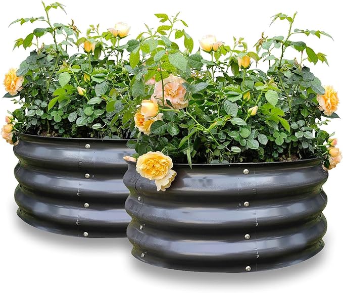 GARDMAX 2 Pack 2x2x1FT Galvanized Round Raised Garden Bed Kit Metal Planter Boxes Outdoor with Easy Assembly Large Garden Bed for Vegetables Fruits Flower Herbs Milk White