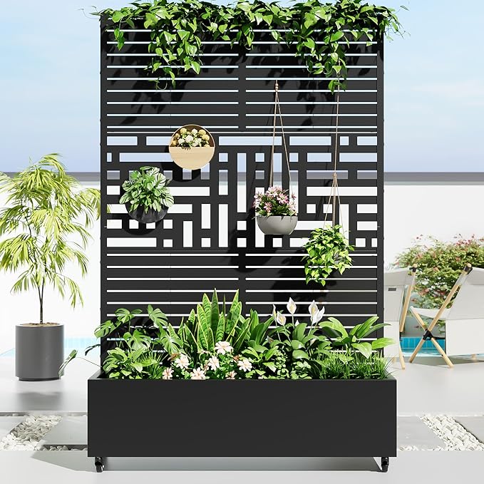 Casaphoria Metal Raised Garden Bed with Trellis and Wheels 72x47x16 Planter Box for Climbing Plants Vegetables &amp Vines Features Drainage Holes and Privacy Screen Black(Louvered&ampHelen)