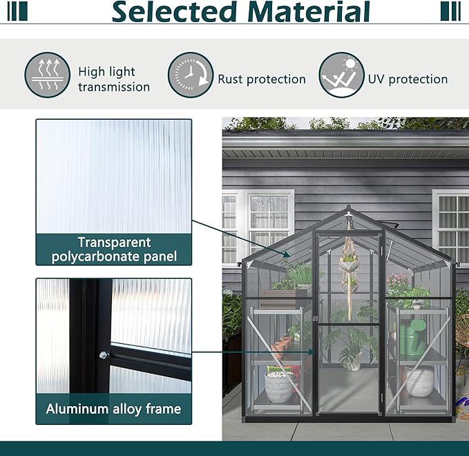 Polycarbonate Greenhouse 6'x8' Upgraded Heavy Duty Aluminum Walk-in Green House for Outdoor Garden with BaseAdjustment Roof VentHinged DoorRain Gutter2 GlovesFree Assembly Tools