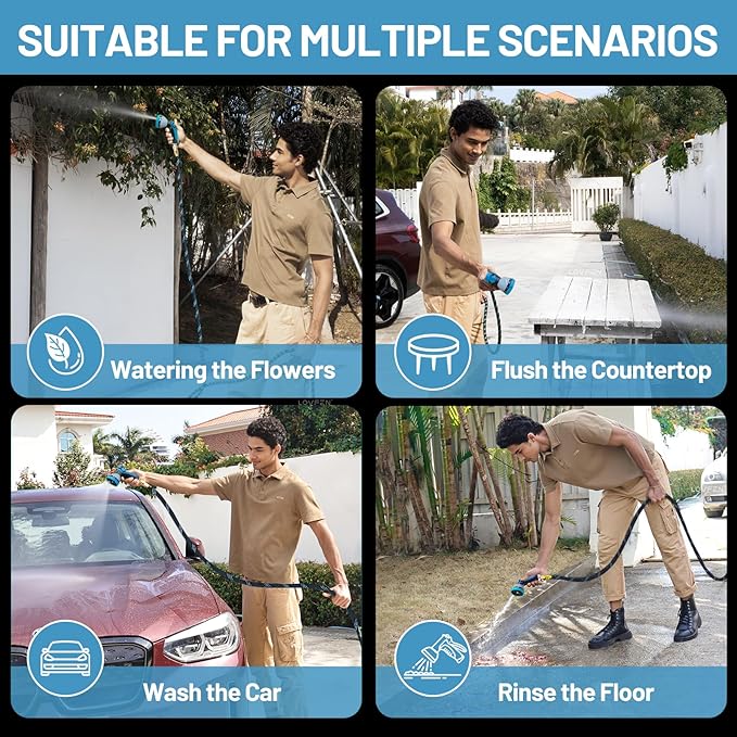 100Ft Non-Expandable Garden Hose with 10 Function Nozzles Flexible Lightweight Kink-Free Leak-Proof Sturdy Water Hose with Strong Brass Connector