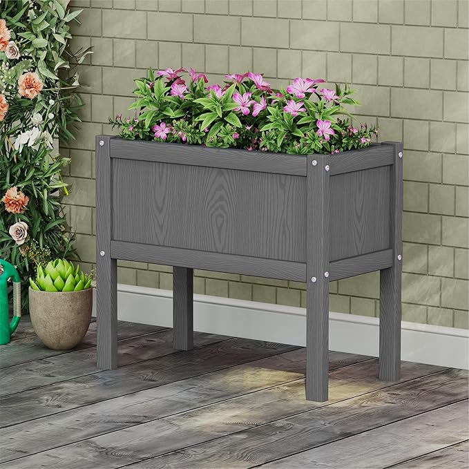 HDPE Raised Garden Bed with Legs All-Weather Outdoor Planter Box Easy to Assemble Drainage System Low Maintenance Non-Fading for Flower/Herb/Seed (Grey)