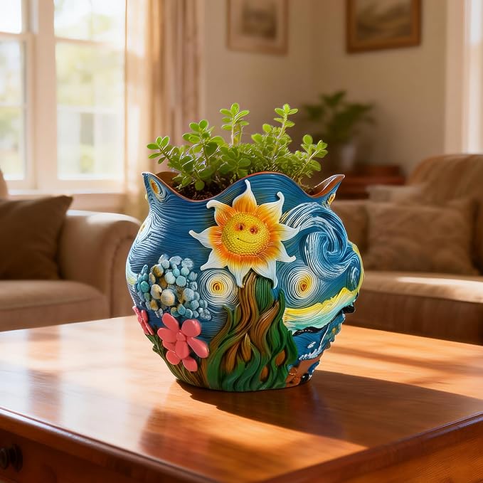 Sunflower Starry Sky Plant Pots-Cute Unique Flower Pots with Drainage Hole Resin Planters for Indoor Outdoor Succulent Planter Plant Gifts for Mother's Day Birthday Christmas(Colours)