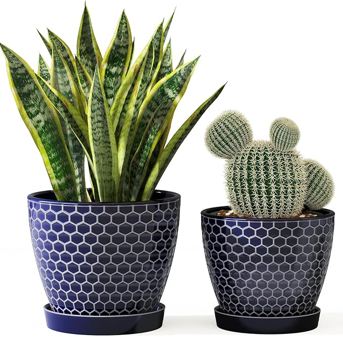 Docrin Blue Honeycomb Ceramic Plant Pot Set - 6.6+5.5 Inch Modern Decorative Planters with Drainage Holes &amp Saucers for Indoor/Outdoor Home Office