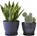 Docrin Blue Honeycomb Ceramic Plant Pot Set - 6.6+5.5 Inch Modern Decorative Planters with Drainage Holes &amp Saucers for Indoor/Outdoor Home Office