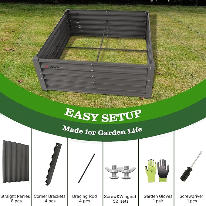 A ANLEOLIFE 4X4X1.5 ft Galvanized Raised Garden Beds Outdoor Square Metal Planter Box for Planting Vegetables Flowers Herb Anti-Rust &amp Easy-Setup Quartz Grey