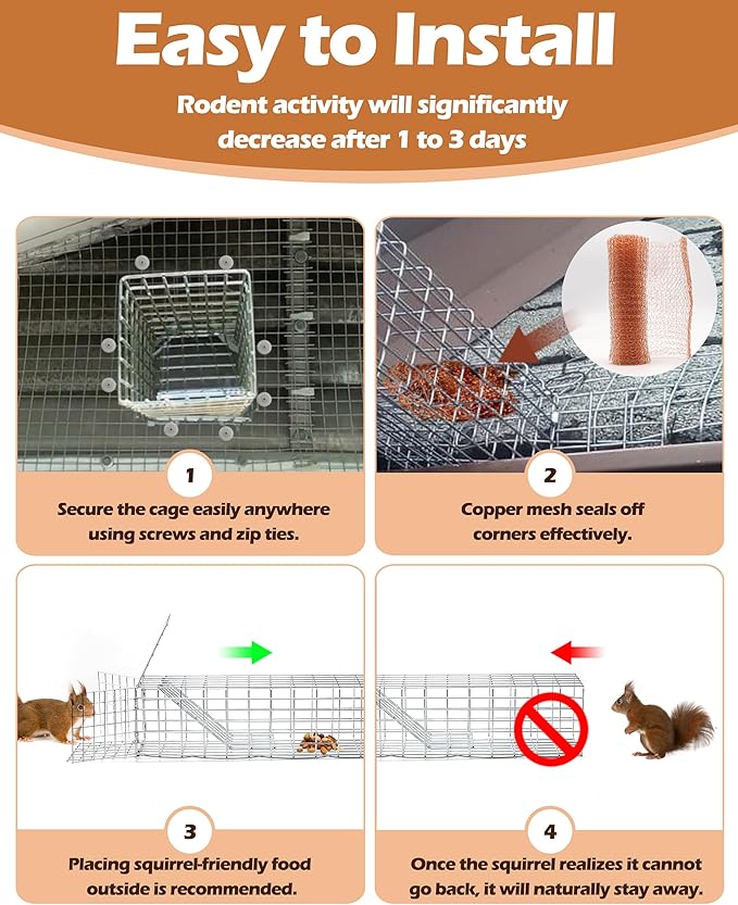 One Way Squirrel Door Excluder 11 × 3 × 3inch Humane Squirrel Trap Rodents Excluder for attic roof Includes Full Installation Kit with Screws Pressure Plate Cable tie &amp Copper mesh