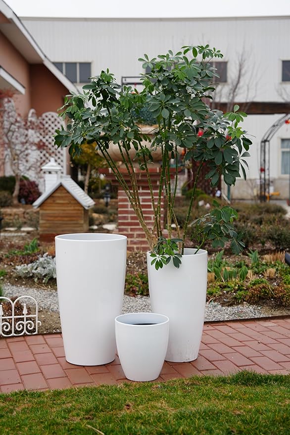 242111 Inch Large Plastic Planters with Drainage Hole and Saucer - Set of 3 Tall Plant Pots Indoor Flower Pot Tall Round Planters Outdoor Large Tall Planter
