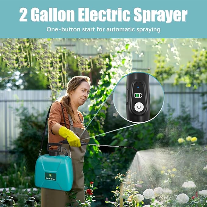 2 Gallon Battery Powered Garden Sprayer Electric Sprayer with USB Rechargeable Handle 3 Mist Nozzles Retractable Wand Water Pump Sprayers with Adjustable Shoulder Strap for Yard Lawn and Garden