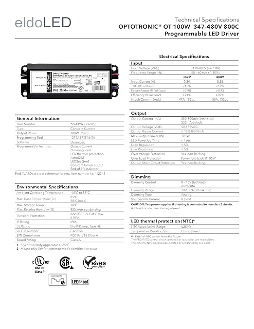 eldoLED | 2743YA OPTOTRONIC®OT 100W 347-480V 800C Programmable LED Driver | Replacement for Osram Driver 79206 New Part# Ot100W/347-480/800C/2DIM/P6