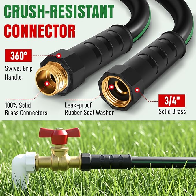 Heavy Duty Garden Hose 50 ft NON-EXPANDABLE Water Hose with 10 Function Spray Nozzle Lightweight Kink-less Hybrid Hose with Swivel Handle Male to Female Fittings