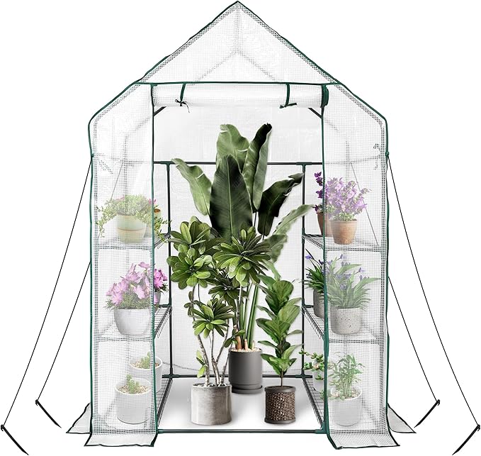 Heyfurni Walk in Greenhouse with 3 Tier 6 Shelves2 More Bottom Shelves Reinforced Plant House Growhouse/Green House for OutdoorPE Cover 143x73x195cm
