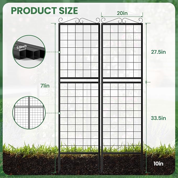 2 Pack 71 Inch Metal Garden Trellis for Climbing Plants Thickened Square Tube Metal Garden Trellis for Vines Plant Rose Vegetable SupportLarge Decorative Outdoor Trellis