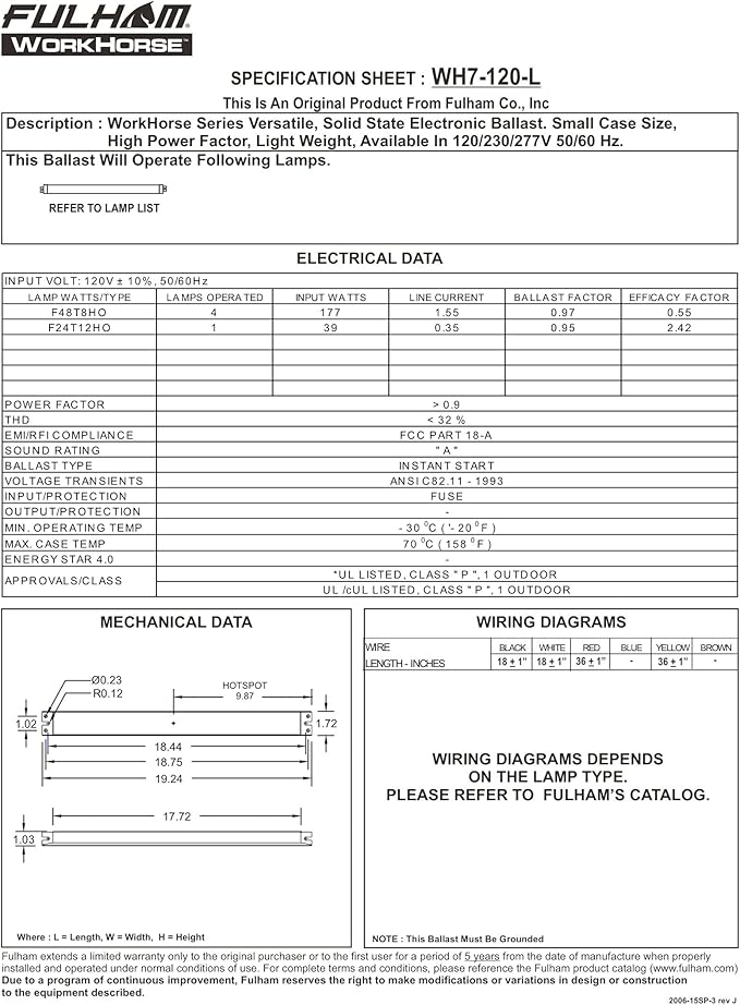 Fulham Lighting WH7-120-L Workhorse 7 Versatile Fluorescent Ballast 120V