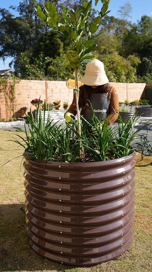 A ANLEOLIFE 30 Extra Tall Galvanized Raised Garden Beds Outdoor 3x2.5ft Round Metal Planter Boxes for Planting Vegetables Flowers Fruits Eco-Safe &amp Easy Setup CaféBronze