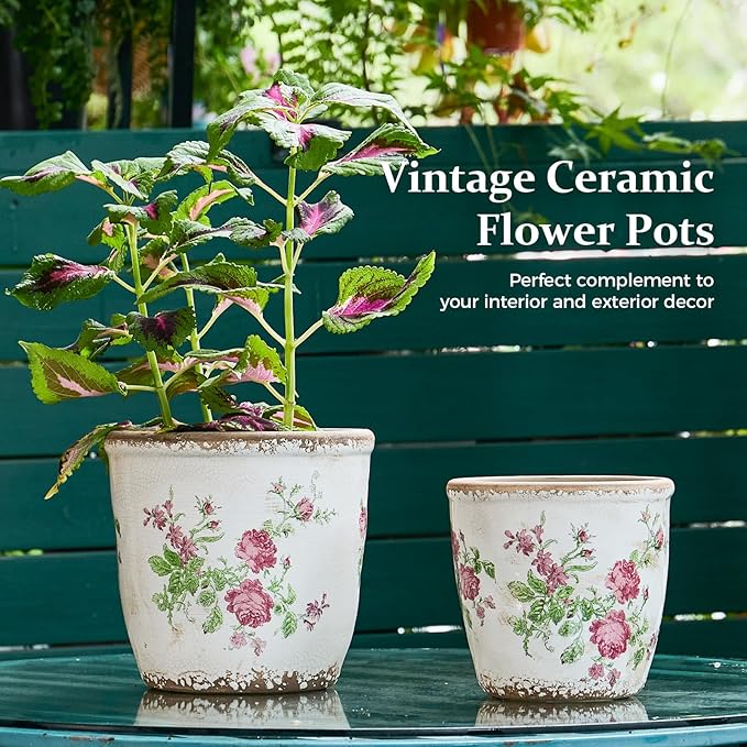 Vintage Ceramic Planter with Drainage Hole Plastic Tray &amp Mesh 6.5 Inch - Indoor/Outdoor Flower Pot Pink Floral Rustic Farmhouse Design Plant pot for Home Office &amp Garden Décor Ideal Gift