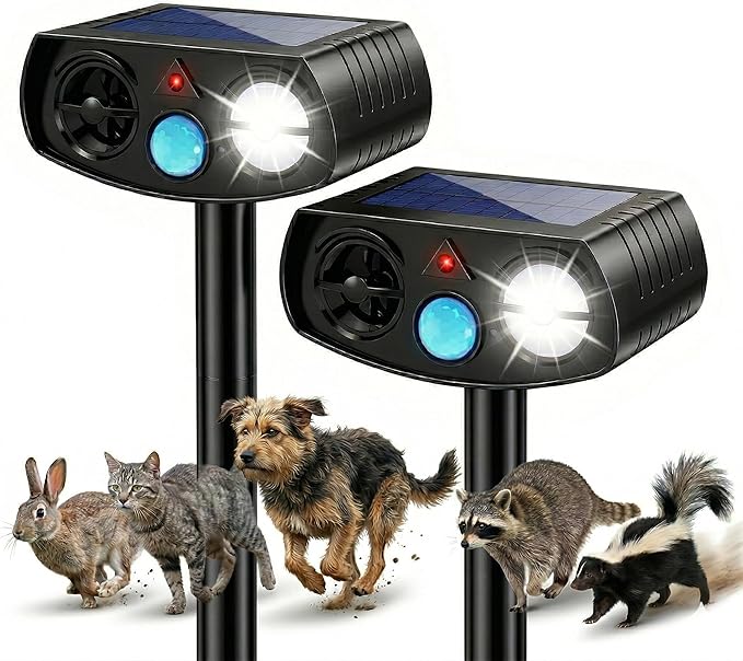 Solar Ultrasonic Animal Repeller Outdoor Motion Sensor Waterproof Pest Deterrent Raccoon Skunk Fox Squirrel Rabbit Dog Cat Deer Repellent for Yard Garden Farm 33ft 120° Coverage 2 Pack Black