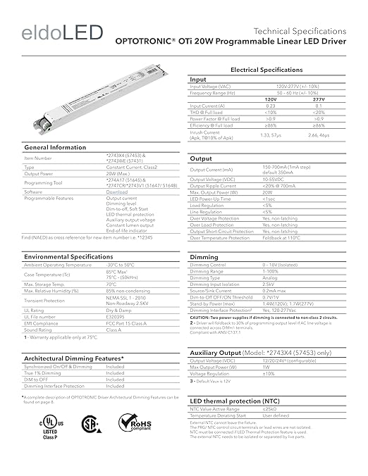eldoLED | 2743X4 OPTOTRONIC OTi 20W Programmable Linear LED Driver | Replacement for 57453 Osram | Oti20/120-277/0A7/DIM-1L AUX G2