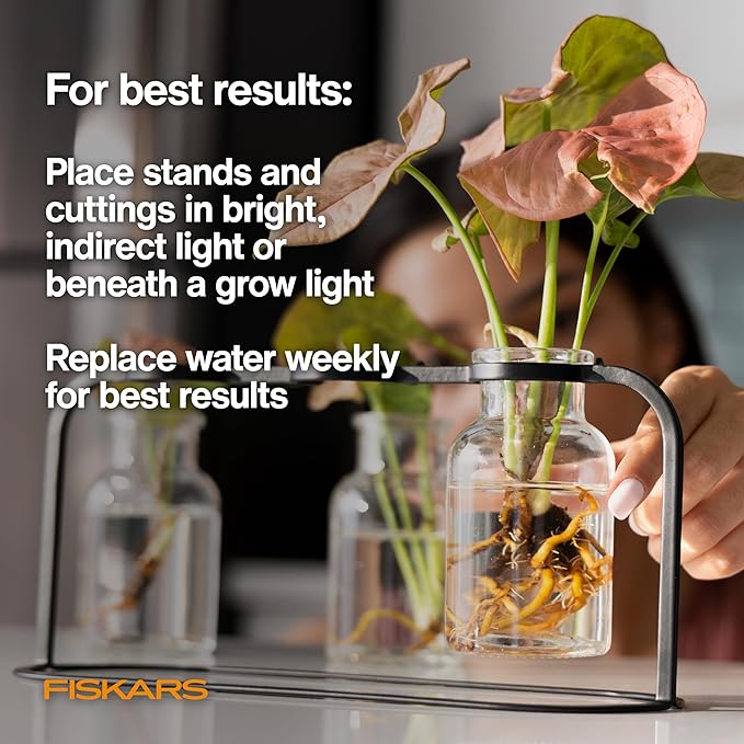 Fiskars Plant Propagation Station Glass Test Tube Vases with Metal Rack for Rooting Cuttings Hydroponic System for Indoor Gardening Decor Straight Sided Flutes for Easy Root Removal Clear