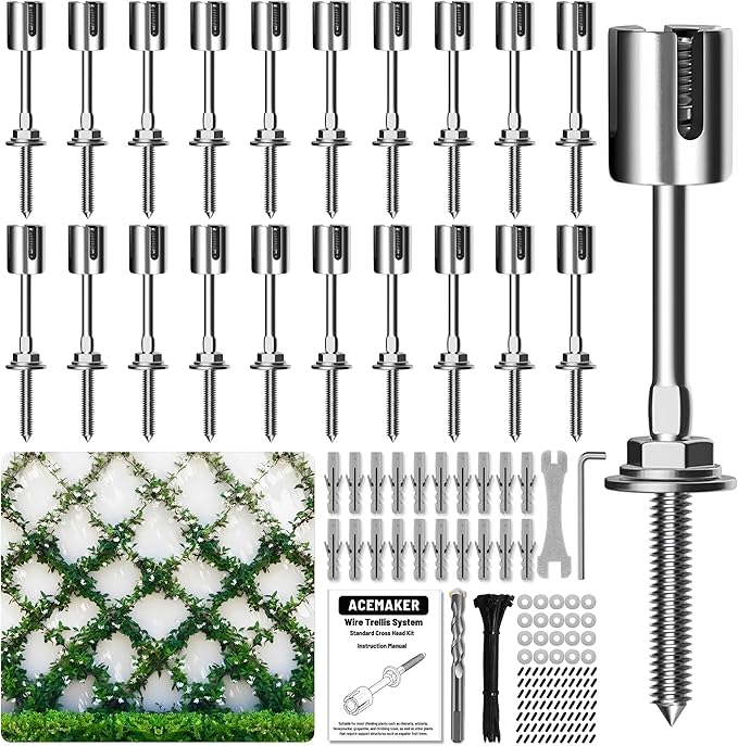 Wire Trellis for Climbing Plants Outdoor 20-Set Wall Trellis Kit T316 Espalier System for Fence and Garden DIY Projects (Hubs Only Without Cable)