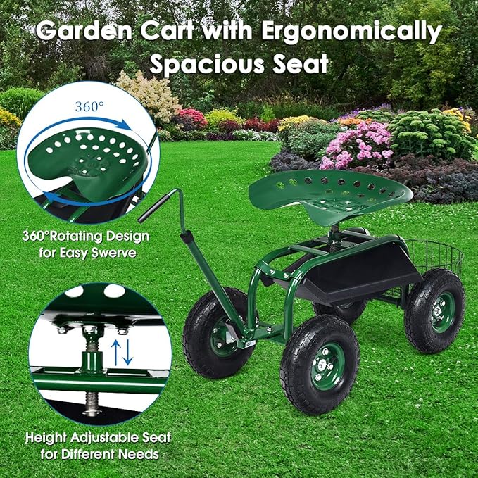 Goplus Rolling Garden Seat with Wheels Outdoor Gardening Scooter with 360° Swivel Seat Tool Tray &amp Basket Adjustable Steering Handle for Lawn Gardening Stool Garden Cart for Planting