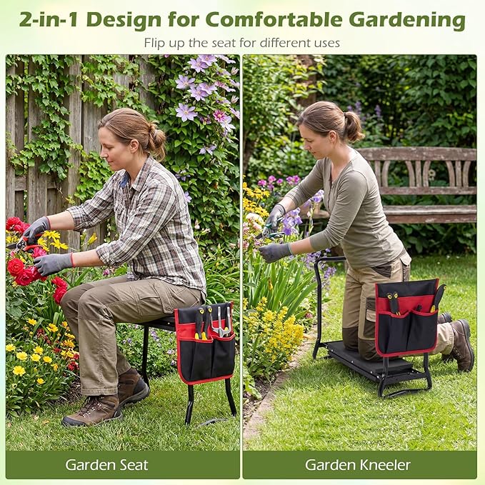 2-in-1 Garden Kneeler and Seat Folding Garden Seat w/EVA Foam Kneeling Pad &amp Removable Tools Pouch Sturdy Steel Frame No Assembly Portable Heavy Duty Garden Stool for Women Men Seniors