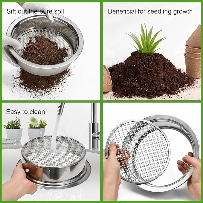 Soil Sieve Stainless Steel Riddle Sieve Set 9.5 Diameter Garden Sifter with 5 Filter Mesh Sizes 135912mm and Bonsai Soil Scoops Gardening Tool