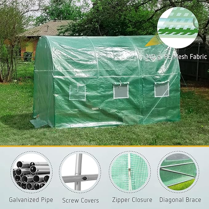 VIVOSUN 10x7x7 Ft. Large Walk in Greenhouse and 6 Inch 50-Pack Garden Stakes Galvanized Steel Landscape Staples 11 Gauge U-Shaped Pins for Weed Barrier Fabric Ground Cover Soaker Hose