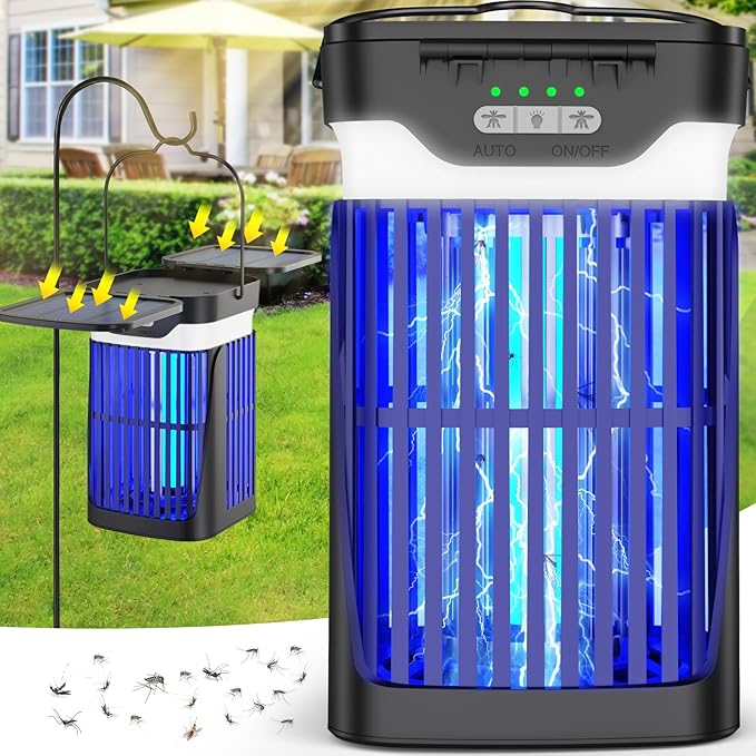 Solar Bug Zapper Outdoor and Indoor Dual Folding Solar Panel with Auto Sensor Function USB Rechargeable Cordless Fly Traps 4200V Electric Mosquito Killer for Patio Backyard Garden Camping