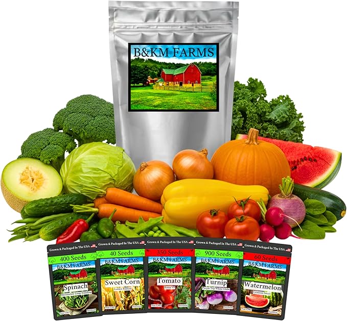 B&ampKM Farms 50000+ Heirloom Seed Kit – 50 Varieties of Non-GMO Vegetable Fruit &amp Herb Seeds for Home Gardening – High Germination Hand-Packed Weather-Resistant Packaging