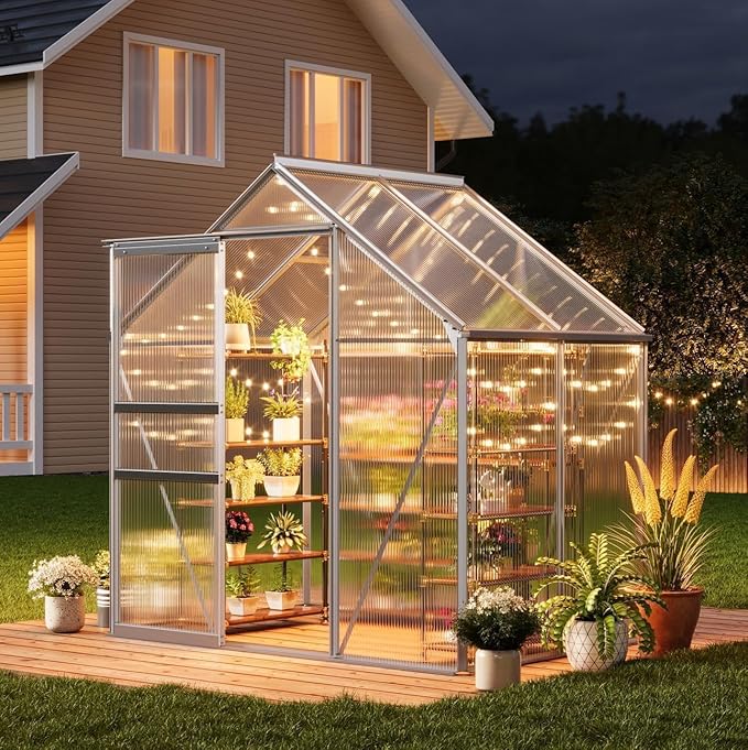 GarveeHome 6x4FT Greenhouse Small Walk-in Polycarbonate Greenhouse with Adjustable Vent Window Sliding Door Portable Green House Kit for Outdoors Winter