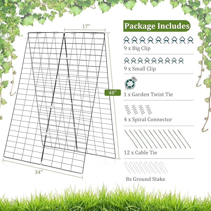 S AFSTAR 46 x 34 Inch Cucumber Trellis for Garden 4 PCS Foldable A-Shape Plant Support W/18 Clips 8 Ground Stakes 4 Spiral Connectors 12 Cable Tie Twist Tie Garden Trellis for Climbing Plants