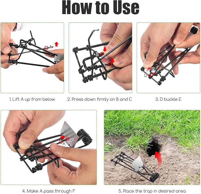 6 Pack Mole Gopher Trap Outdoor Metal Tactical Rat Vole Traps Outdoor Reusable Gopher Killer Keep Moles Out of Yard Lawn Garden Black
