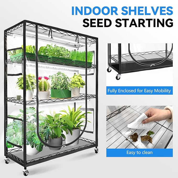 JESLED Indoor Greenhouse with Grow Light 3FT Full Spectrum 5000K LED Light for Seed Starting Tiered Lighting Control Built-in Timer &amp Thermo-Hygrometer Rolling Metal Plant Stand (35.4x13.8x59I