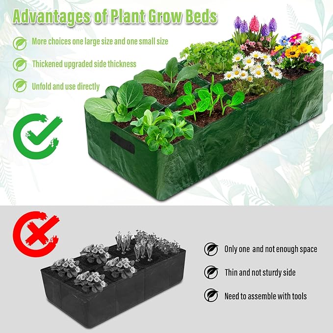 Fabric Raised Garden Bed 2 Pack 8 Grids and 4 Grids 128 Gallon Rectangle Grow Bags with Drainage Holes Breathable PE Planting Containers for Outdoor Vegetables Fruits Flowers