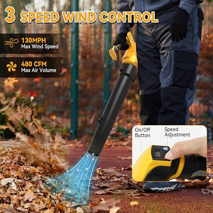 Cordless Leaf Blower Compatible with Dewalt 20v Battery Brushless Motor 130mph Wind Speed 480cfm Air Volume 3 Speed Adjustment with Dual Nozzles for Yard Snow Dust Leaves Cleaning (1)