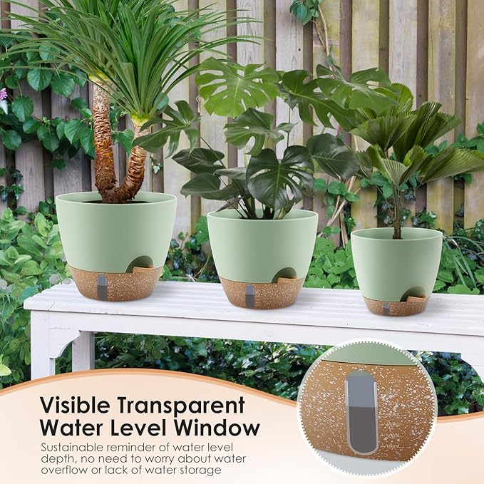 Self-Watering Plant Pots with Water Level Indicator Drainage Holes &amp Saucers – 12/10/9 Inch Large Plastic Planter Set for Indoor &amp Outdoor Plants (Green)