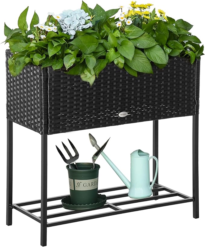 Raised Garden Bed Elevated Planter Box with Rattan Wicker Look Tool Storage Shelf Portable Design for Herbs Vegetables Flowers Black
