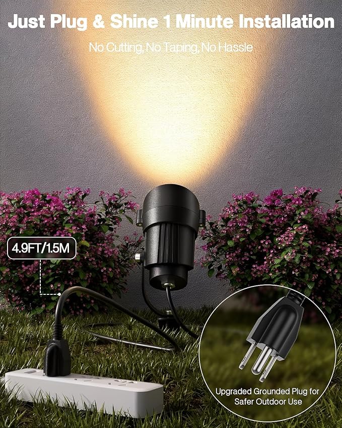 HIBOITEC 12W Spot Lights Outdoor 110V to 120V Landscape Lighting Waterproof Spotlight with 4.9ft 3-Plug LED Plug in Landscape Lights for Yard Gardern Decorations 2900K 2Packs