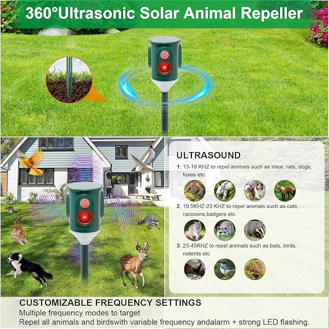 Solar Ultrasonic Animal Repellent Outdoor 360° Motion Activated Pest Deterrent with Strobe Light Waterproof Garden Protection for Cats Dogs Squirrels RaccoonsSkunks Rabbits Coyotes