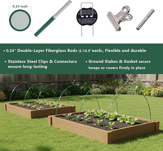 Garden Hoops Kit for Raised Beds 40pcs Fiberglass Greenhouse Hoops Row Cover Hoops for Insect Netting Frost Cover Shade Cloth with Ground Stakes Clips