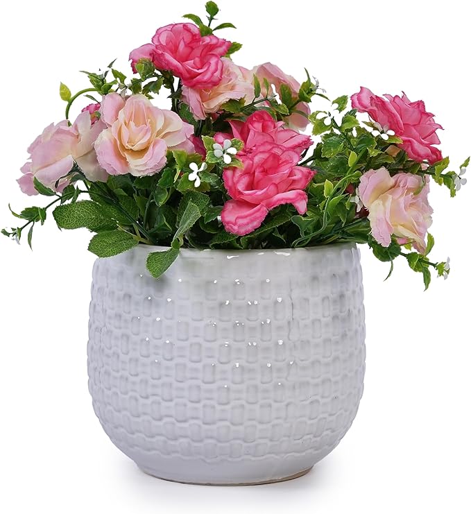 Handmade White Textured Ceramic Planter Set of 3 (9.45×8.07 7.48×6.3 5.31×4.49) Indoor Outdoor Flower Pots for Orchids Succulents by Window Couchside Breathable Clay