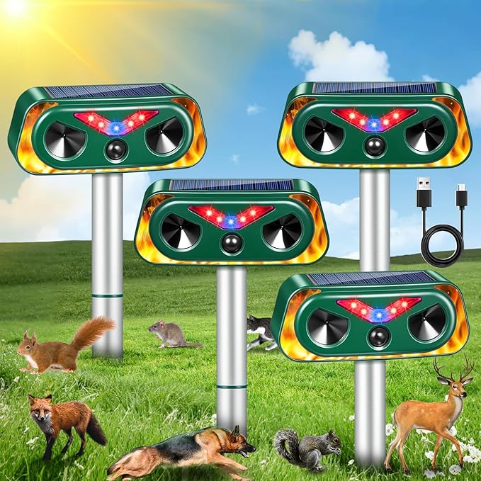 2026 Solar Ultrasonic Animal Repeller Outdoor with Flashing Lights &amp Motion Sensor Animal Deterrent Devices for Deer Cat Squirrel Raccoon Rabbit Fox Skunk Repellent for Yard Garden4 Pack