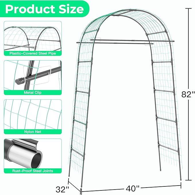 Garden Arch Trellis for Climbing Plants 82 Inch Tall Grape Trellies for OutdoorFlower Vegetable Tomato Cucumber Trellis with Clamp Netting Metal Vine Plants Support for Wedding Garden Decoration