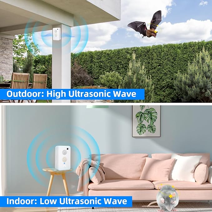 2 Pcs Ultrasonic Bat Repellent for Attic Porch Outdoor Indoor Use Rechargeable Bat Deterrent Devices Electronic Bird Repellent Bats Keep Away Reject Repelling System Removal Device for House Home