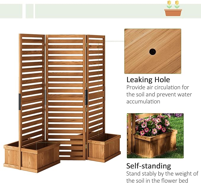 Outsunny Freestanding Outdoor Privacy Screen 4 Self-Draining Planters/Raised Garden Beds 3 Hinged Panels for Hot Tub Patio Backyard Deck Natural