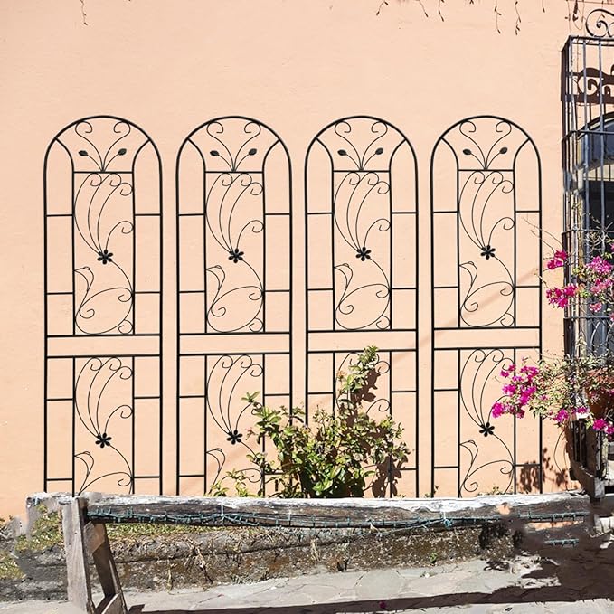 Metal Garden Trellis with Black Metal Coating Rustproof Trellis with Peacock Style Outdoor Lattice Panel for Climbing Plants Roses Tomatoes Vine Vegetables 86.7 x 19.7 (Black 4 Pack)