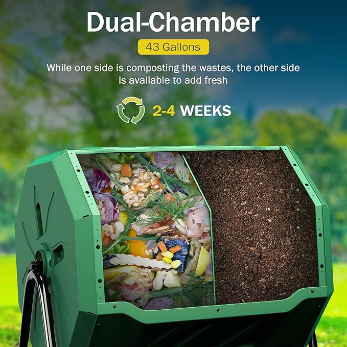 SUPER DEAL Outdoor Composter Bin 43 Gallon Dual Chamber Composter Tumbler 360° Rotating BPA Free with Sliding Doors Heavy Duty Steel Frame for Garden Yard Kitchen Waste Green