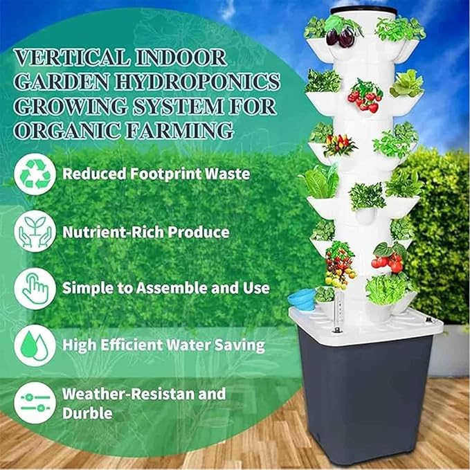 Aeroponic Tower Garden System with 10L Tank 6 Tier 30 Hole Hydroponic Tower System Vertical Farming Tower Kit for Home Kitchen and Office(White)