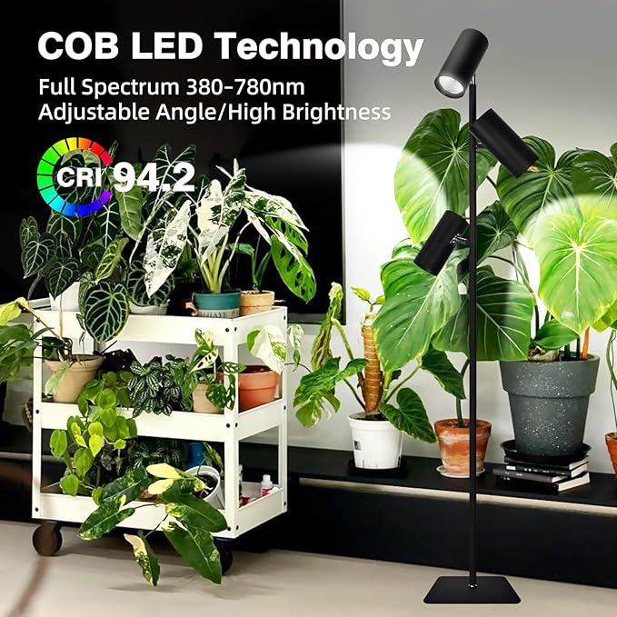90W Dimmable Full Spectrum COB LED Triple-Head Grow Light Adjustable Height (43-83) 6/8/12H Timer High CRI Daylight 6000K – Indoor Standing Floor Lamp for Plants (Warm White 90W)