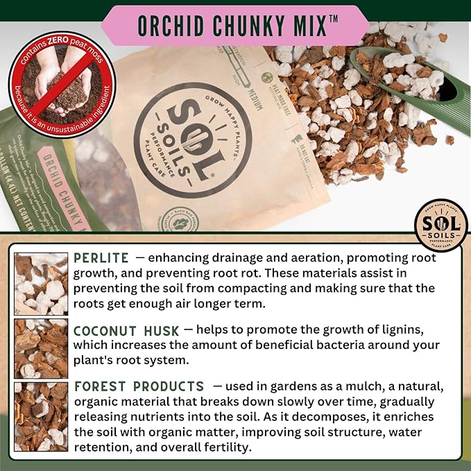 Sol Soils Chunky Orchid Potting Mix - 100% Peat-Free Lightweight and Aerated with Coconut Husk Perlite &amp Recycled Forest Products for Fast Draining Healthy Orchids - 2 Quarts